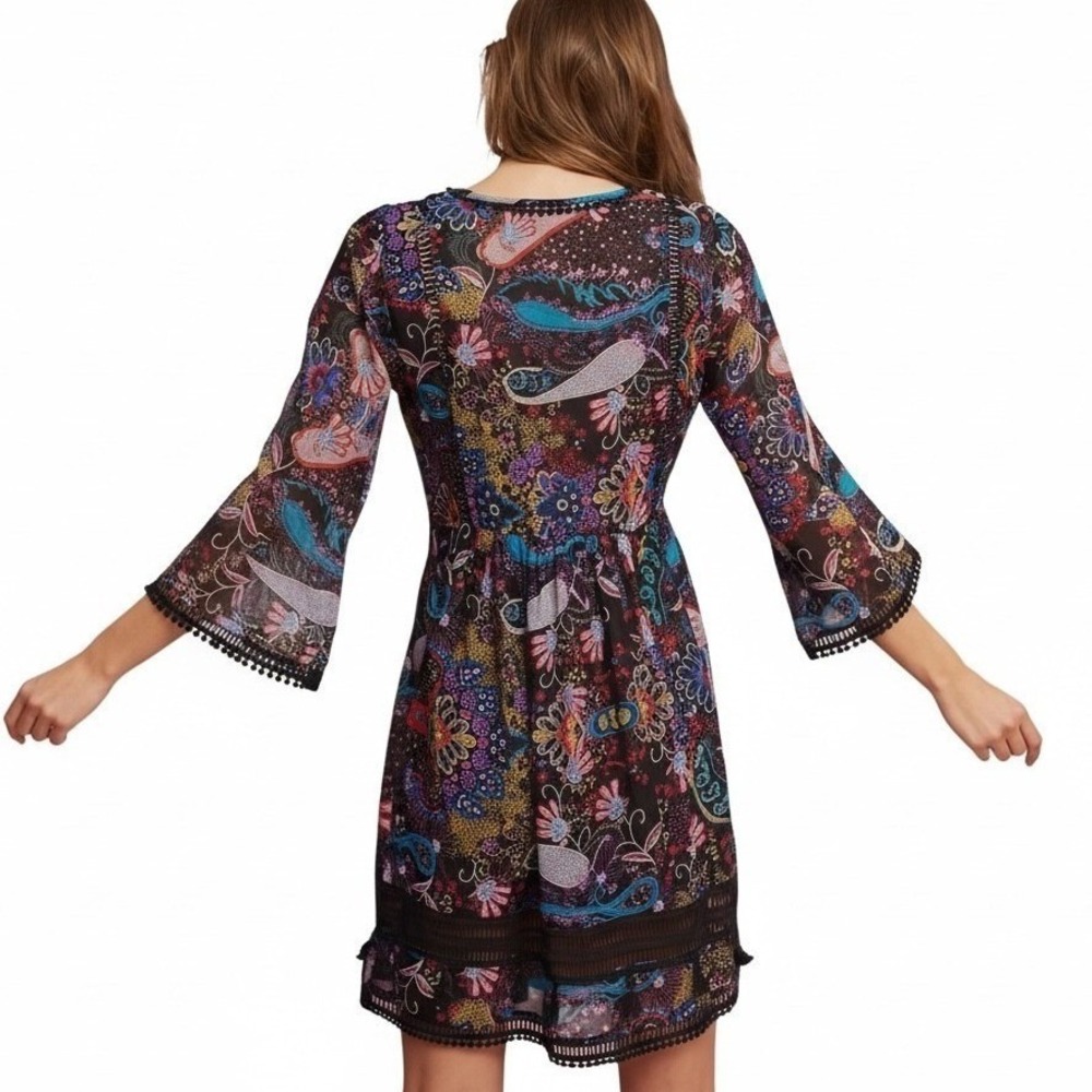Ranna Gill Anthropologie Viola Kimono Dress Paisley Mini Black Size 4 - Picture 3 of 5